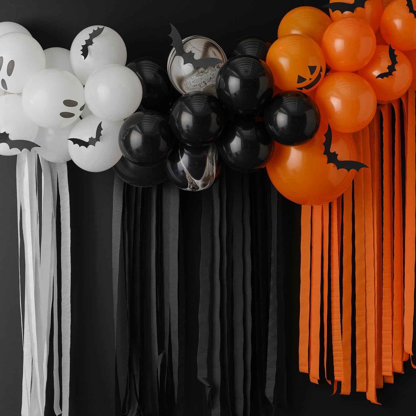 Halloween Balloon Arch Backdrop with Ghosts, Pumpkins, Bats & Streamers