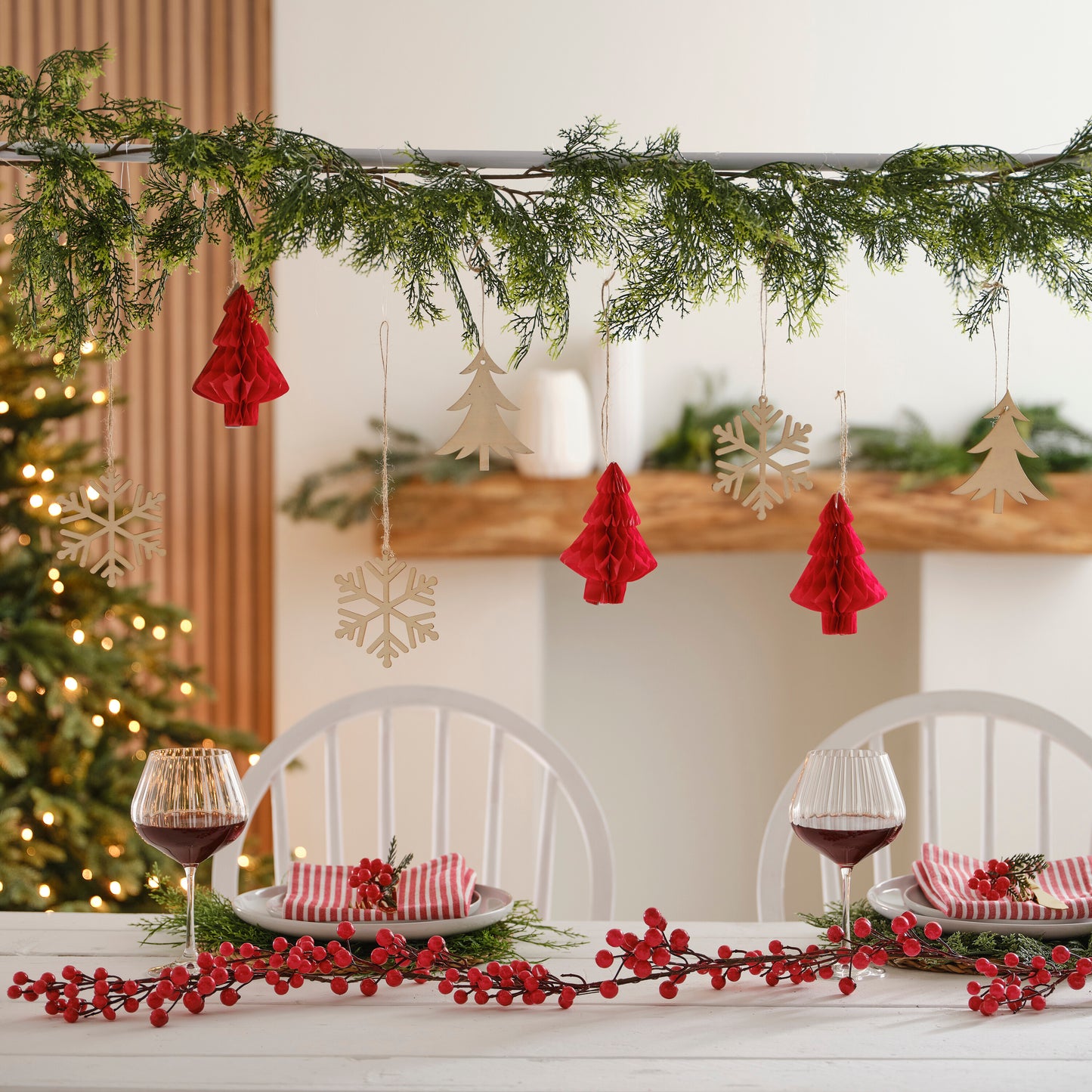 Wooden Trees, Foliage and Red Christmas Hanging Decorations