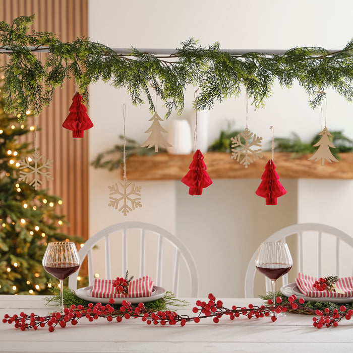 Wooden Trees, Foliage and Red Christmas Hanging Decorations