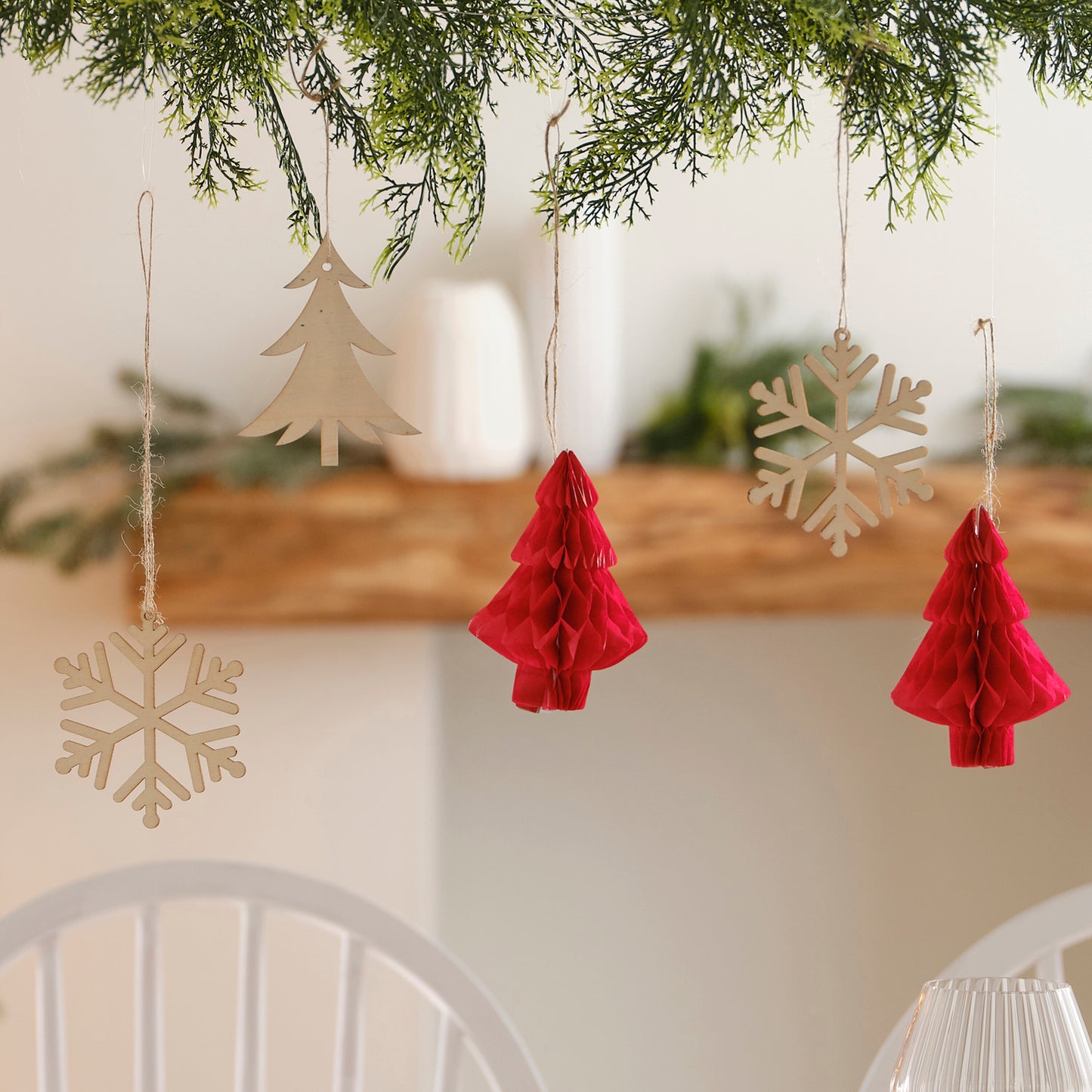 Wooden Trees, Foliage and Red Christmas Hanging Decorations