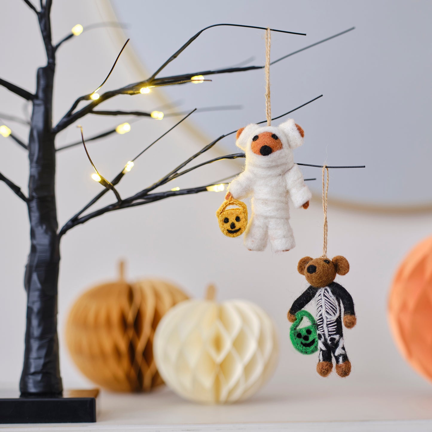 Black Light Up Halloween Tree & Felt Bear Halloween Tree Decorations