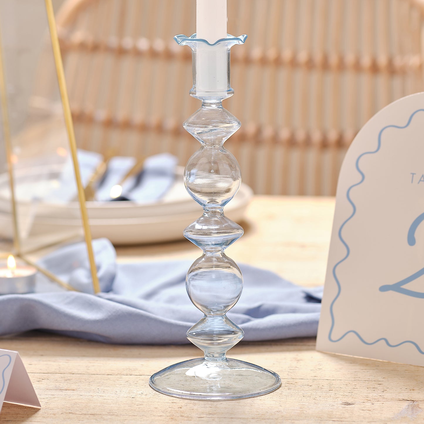 Large Blue Glass Bubble Dinner Candle Holder