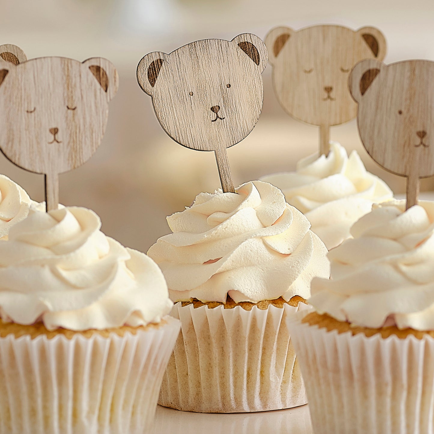 Wooden Teddy Bear Baby Shower Cupcake Toppers
