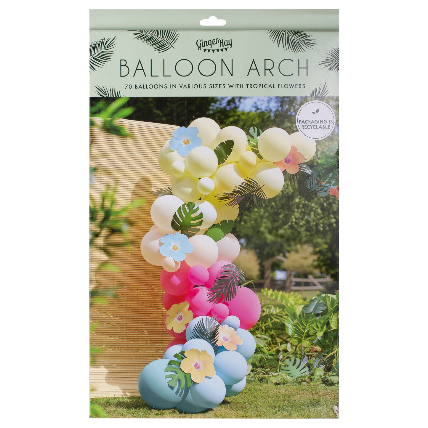 Blue, Pink, Green & Yellow Hawaiian Tiki Balloon Arch with Tropical Flowers and Foliage