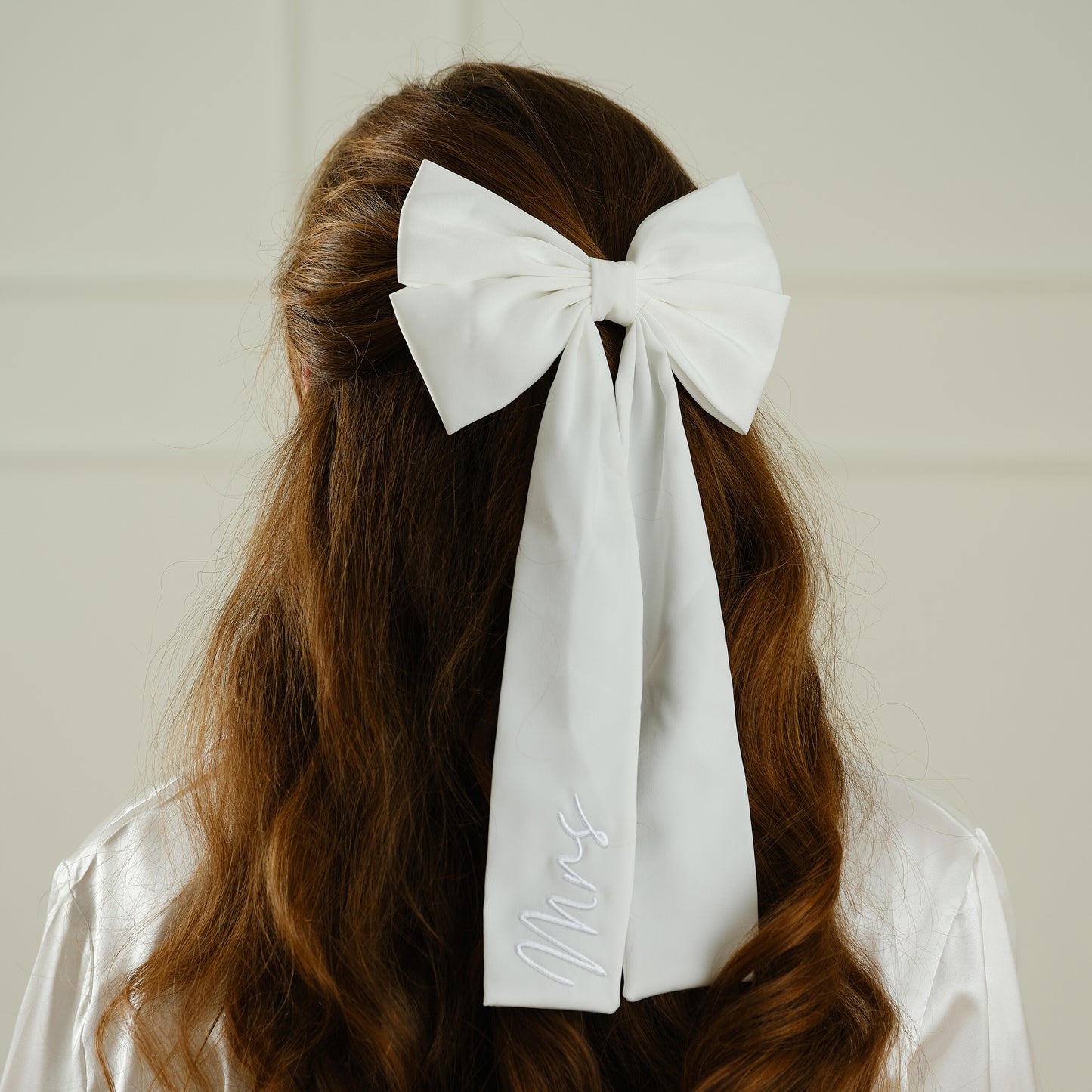 Cream Satin Embroidered 'Mrs' Hair Bow