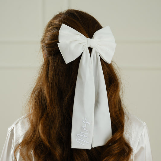 Cream Satin Embroidered 'Mrs' Hair Bow