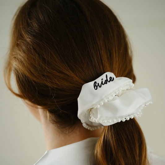 White Embroidered 'Bride' Scrunchie with Pearl Trim