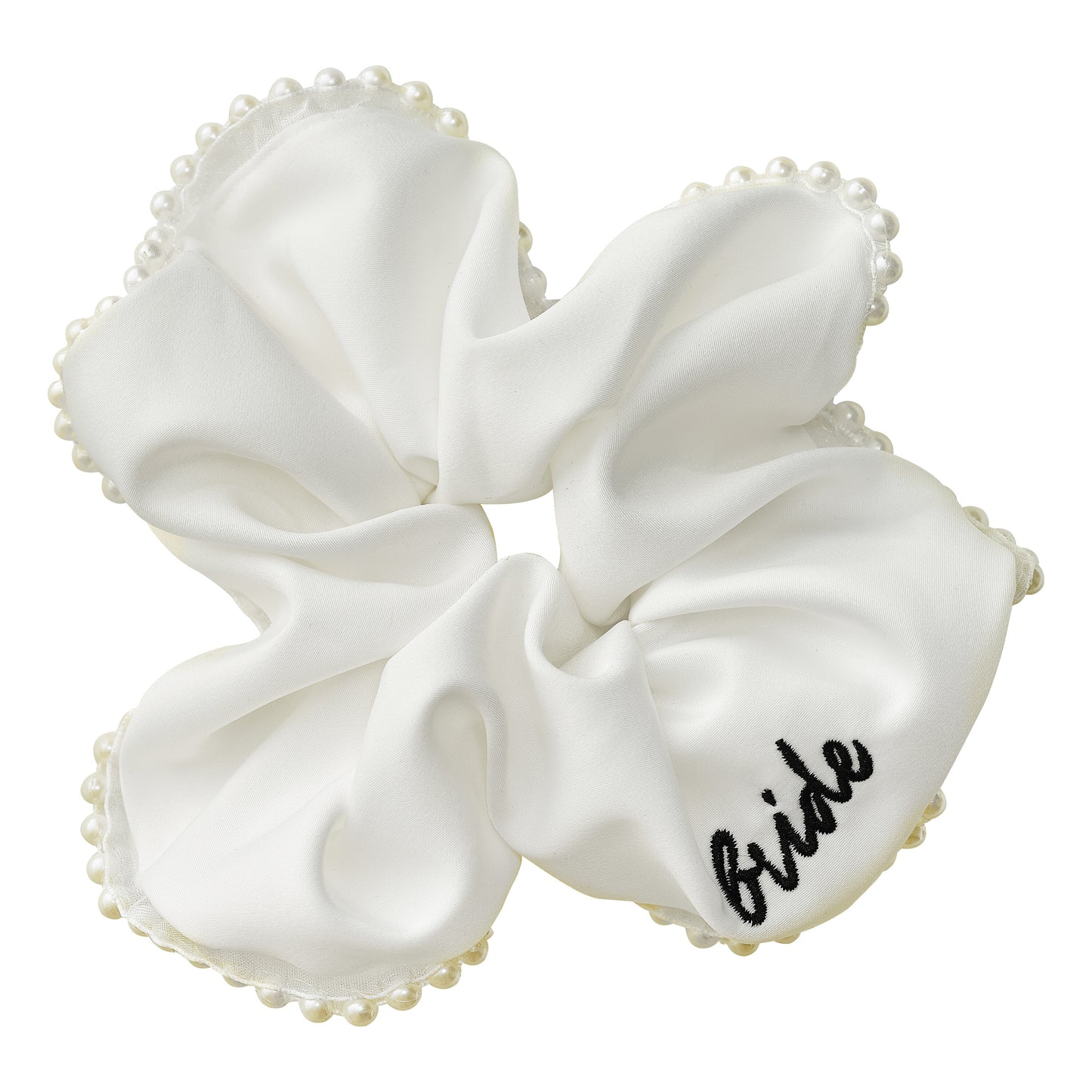 White Embroidered 'Bride' Scrunchie with Pearl Trim