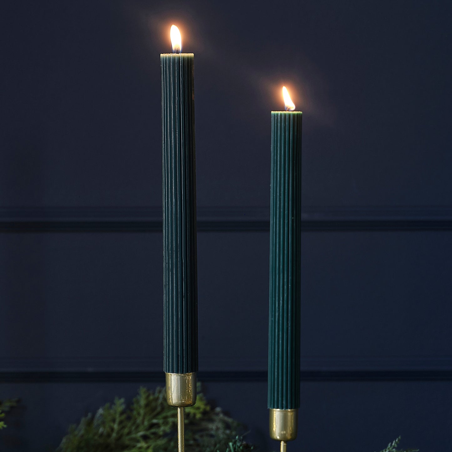 Dark Green Christmas Table Ribbed Dinner Candles