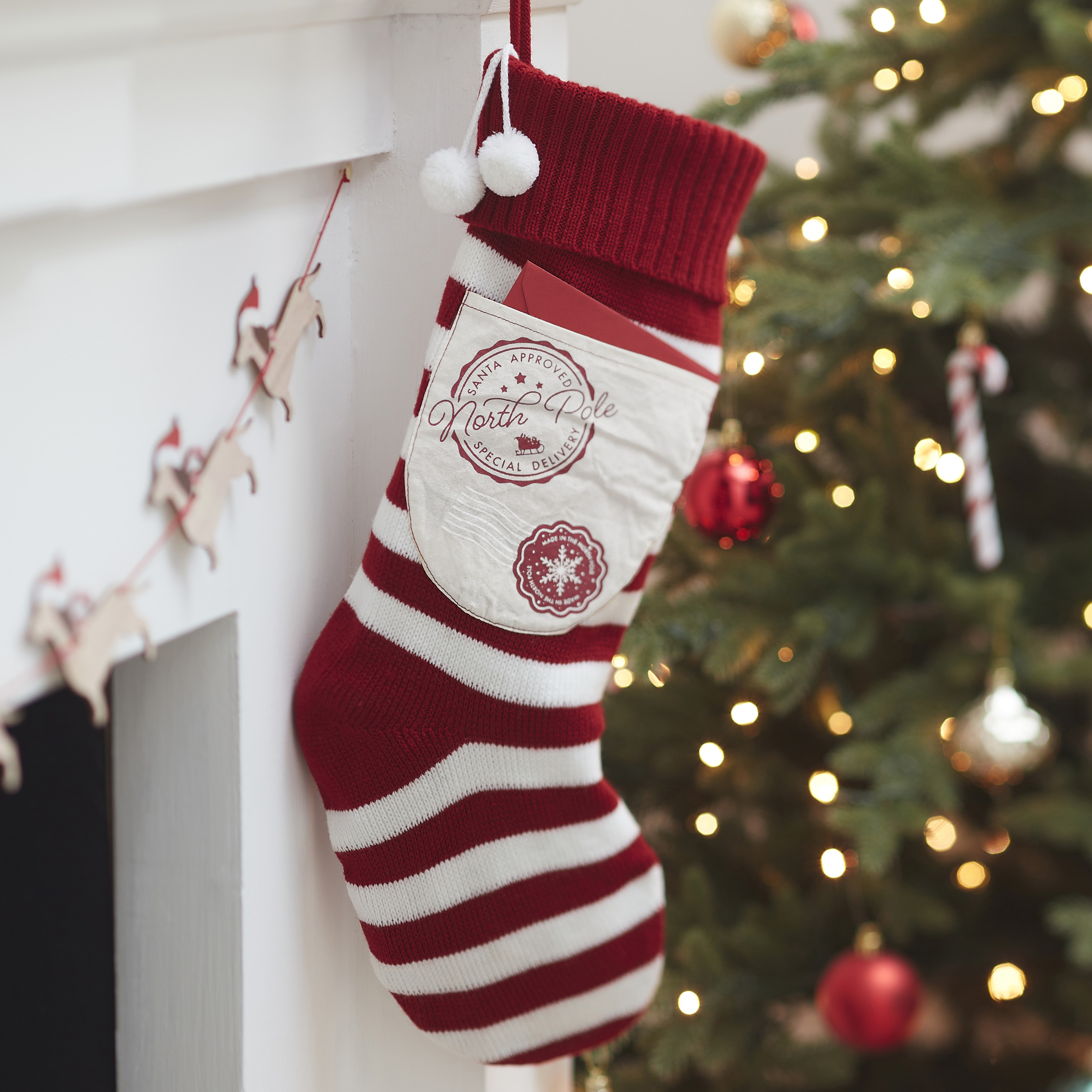 NEW Christmas White Knitted Sock Pom Pom Traditional Hanging Tree Decoration 