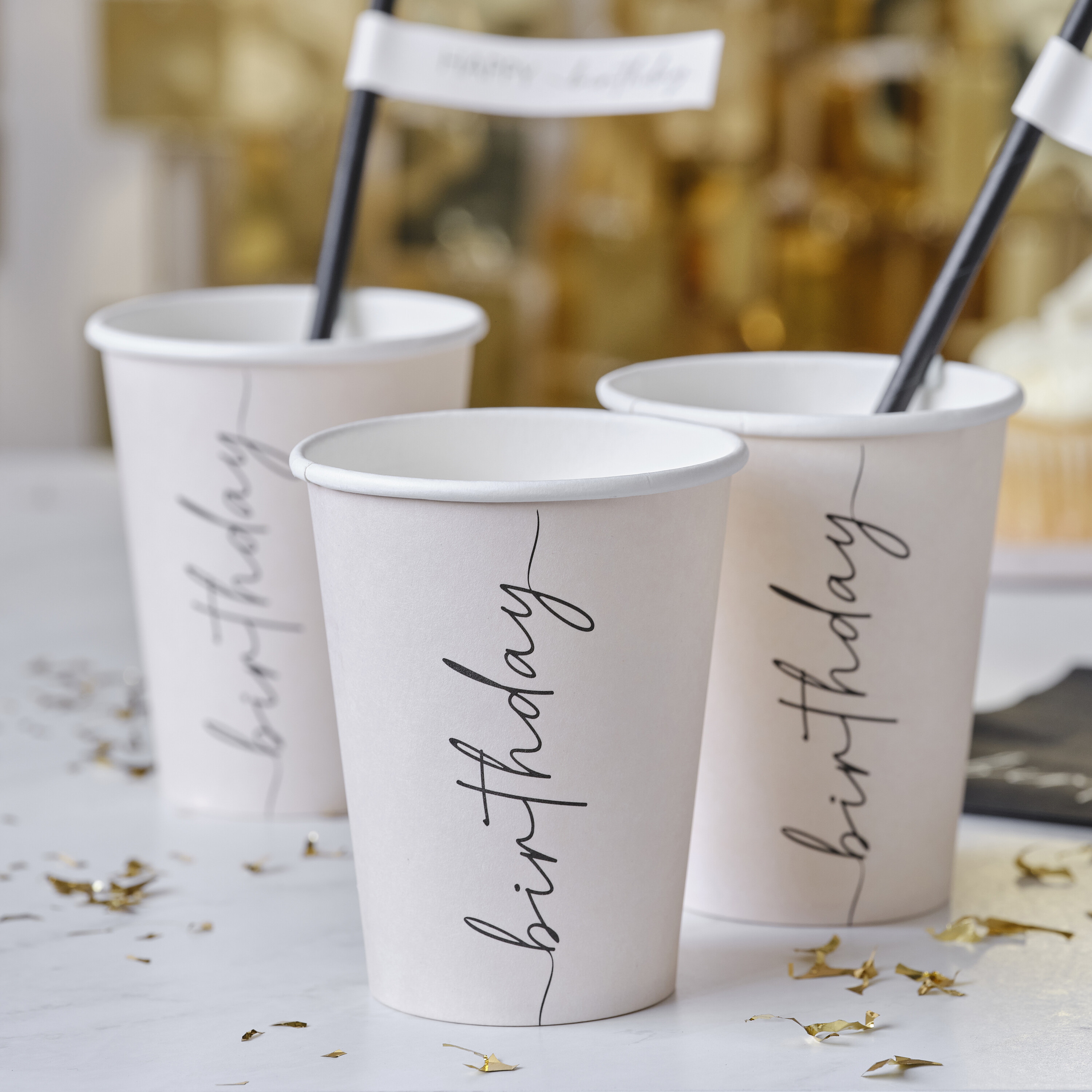 Nude and Black Happy Birthday Paper Party Cups Ginger Ray