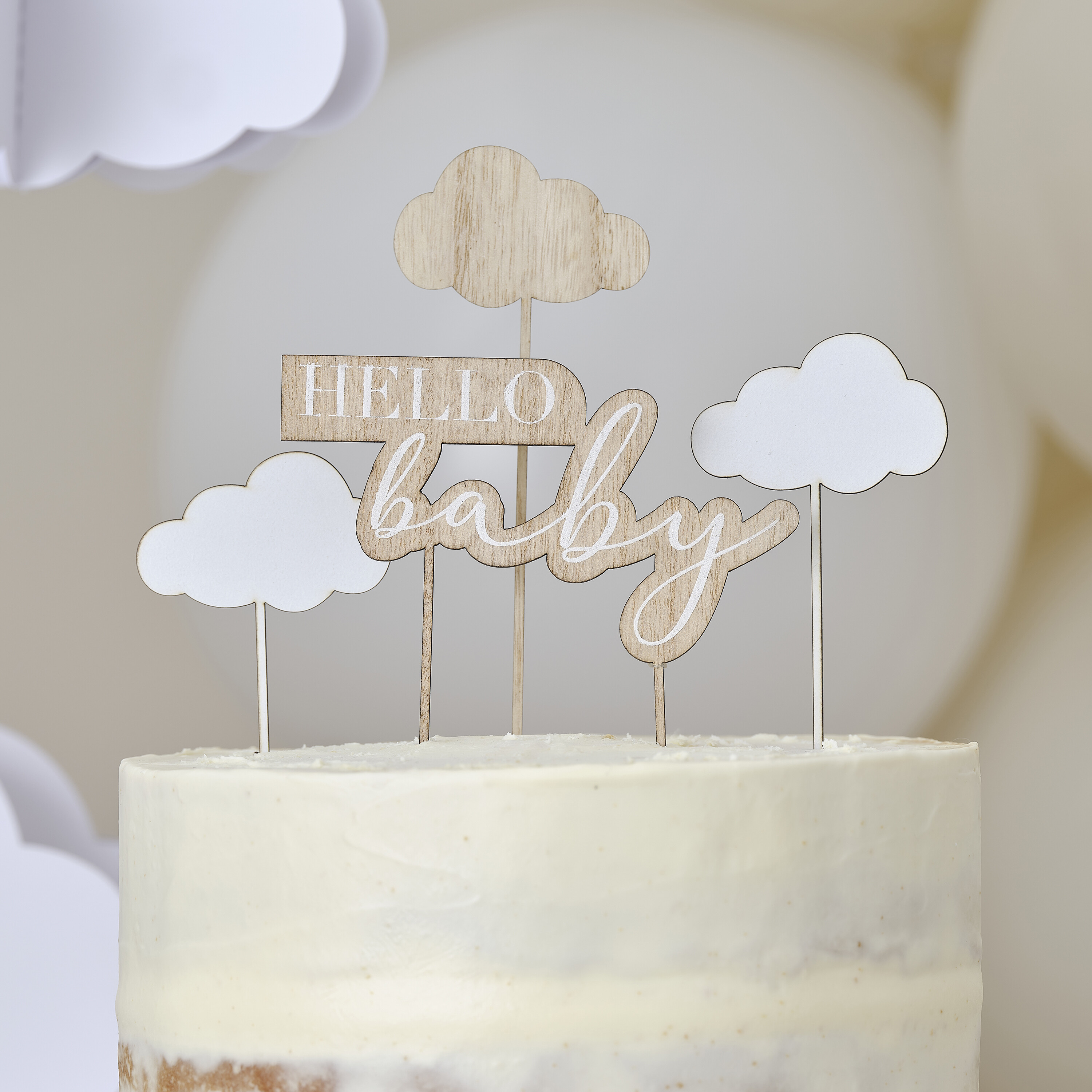 Wooden Hello Baby and Clouds Baby Shower Cake Topper  | Ginger Ray