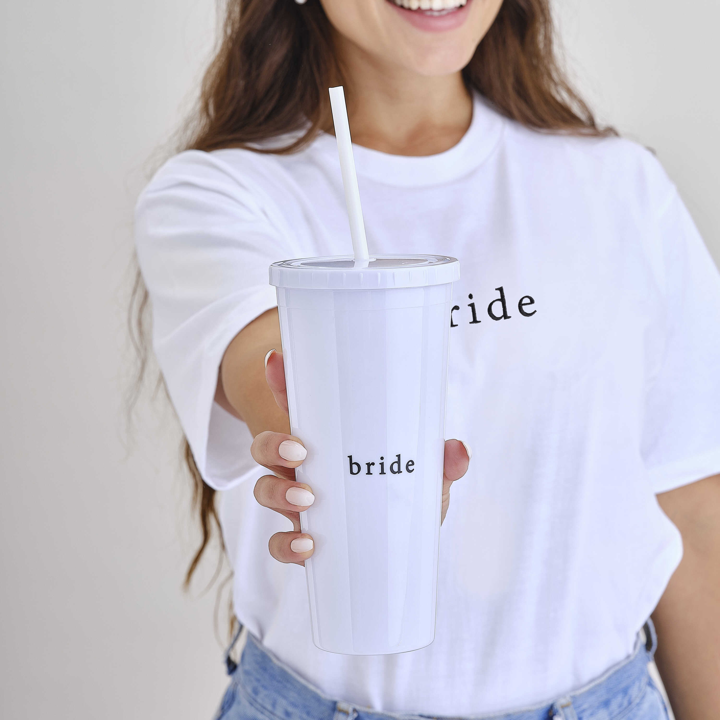 White Reusable Bride Hen Party Cup with Straw Ginger Ray