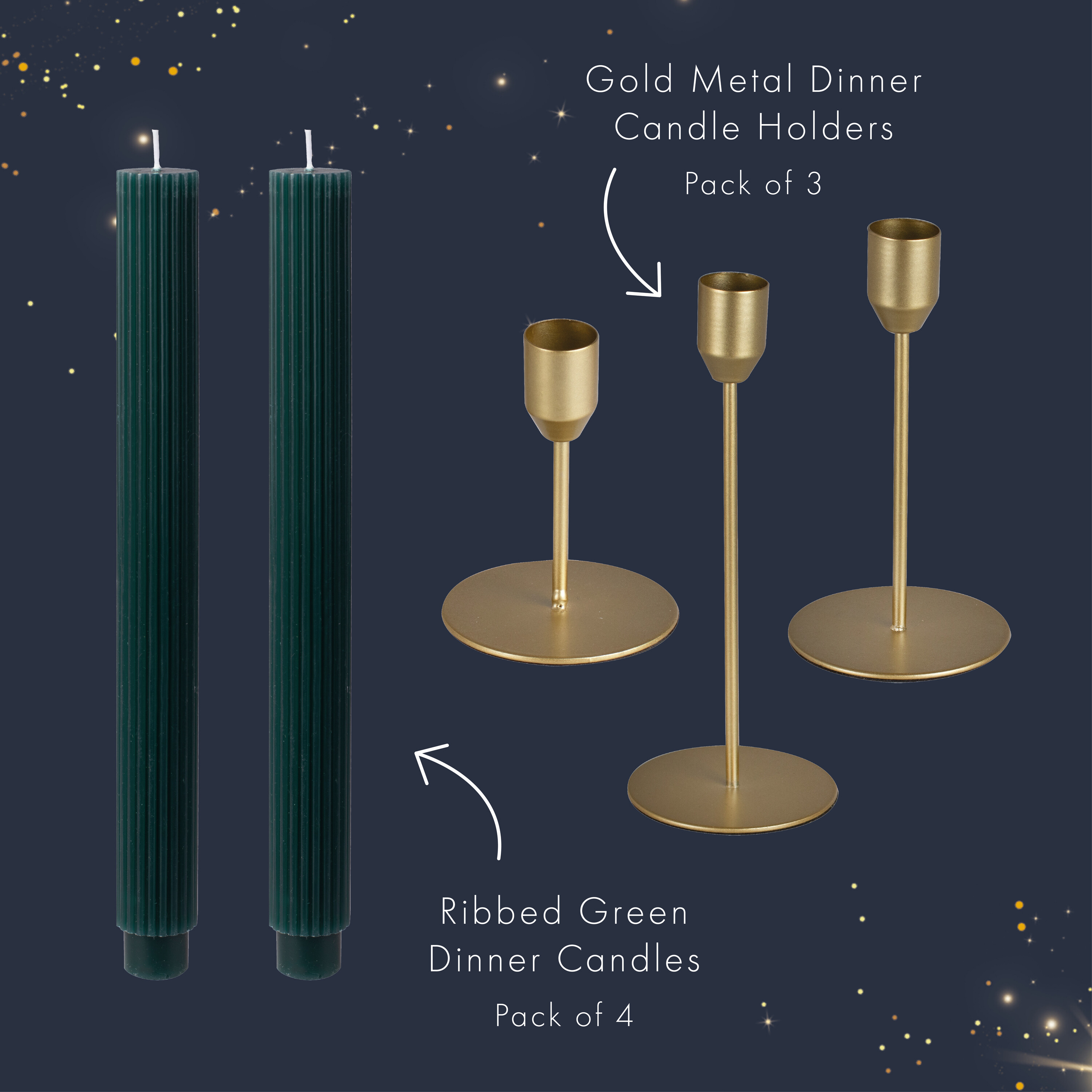 Gold Metal Candle Holders & Dark Green Dinner Candles Set Ginger Ray