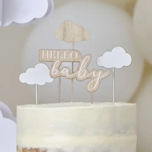 Wooden Hello Baby and Clouds Baby Shower Cake Topper Ginger