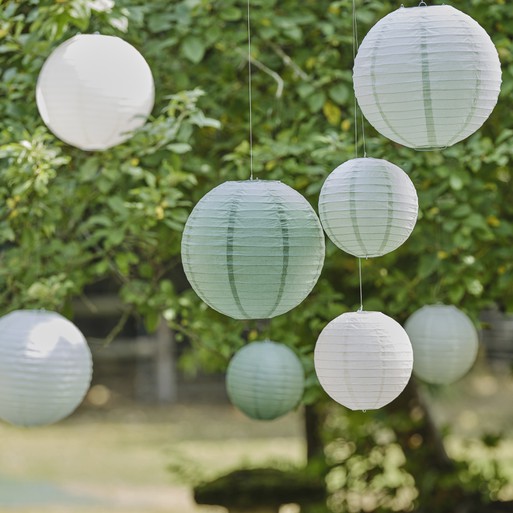 Green and white paper shop lanterns